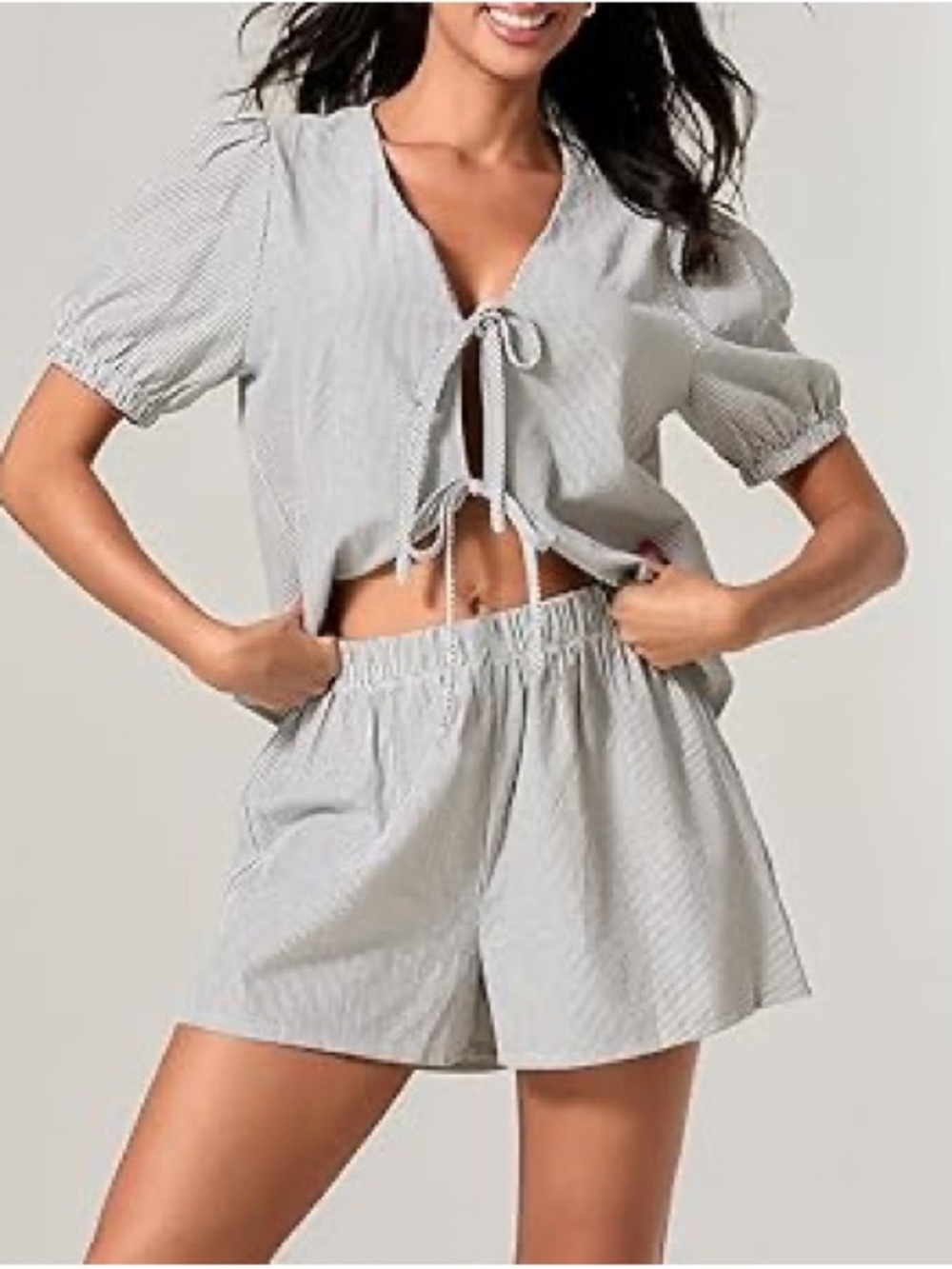 Light Gray Striped Tie-Front Lounge matching Set